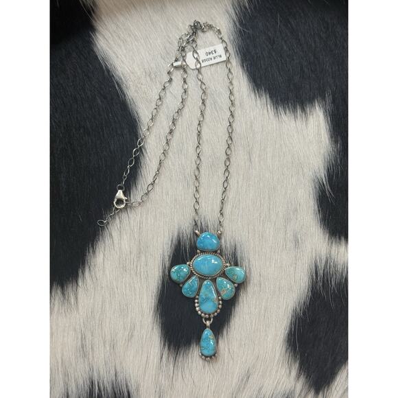 Native American SW Sterling Silver Blue Ridge Turquoise Cluster Blossom Necklace - Picture 9 of 9